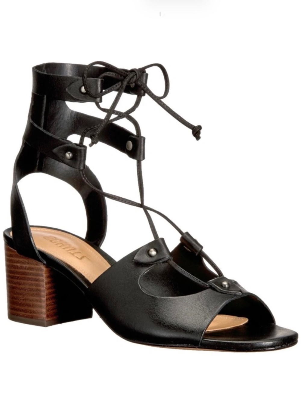 Schutz Monik Black Leather Gladiator Block Heel Sandal Open toe Ankle Strap Pump
